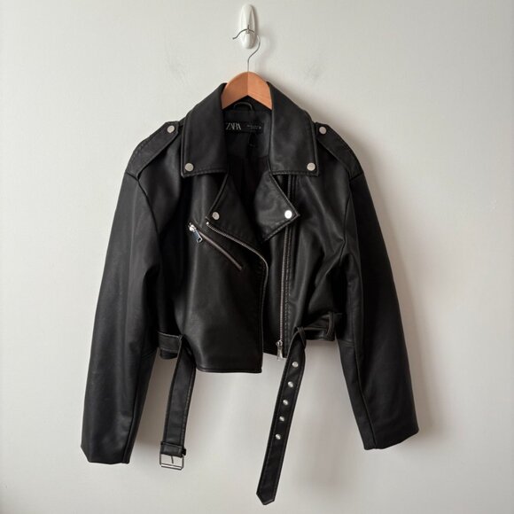 Zara Faux Vegan Leather Biker Jacket Black Size Large - Picture 3 of 8
